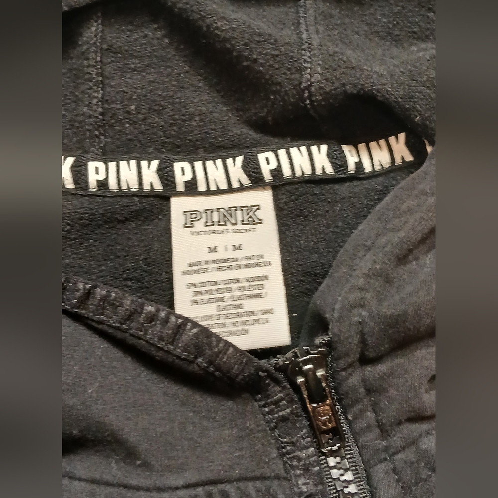 Victoria Secret Pink Black Zip Up Hoodie Size M - Picture 8 of 9